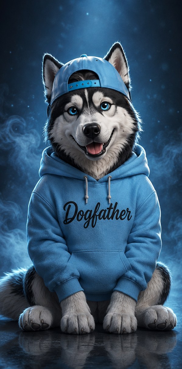 Dogfather — Husky mit blauem Hoodie und Cap