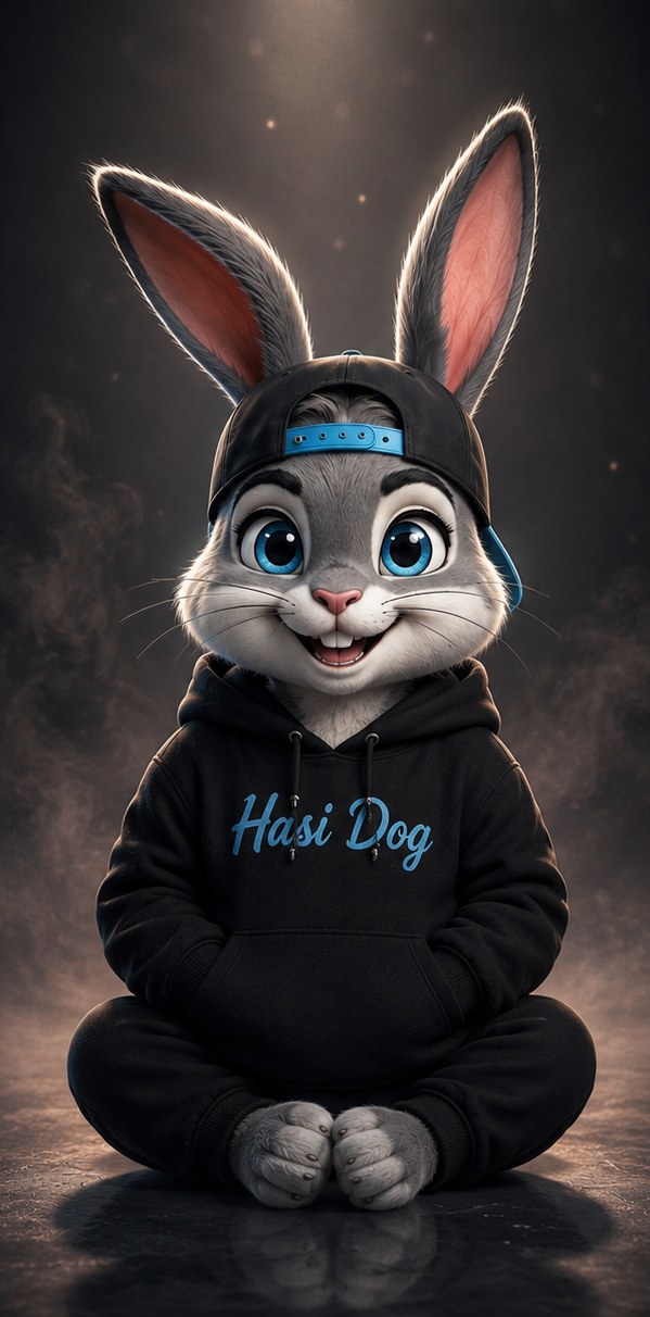 HasiDog — grauer Hase mit schwarzem Hoodie und Cap