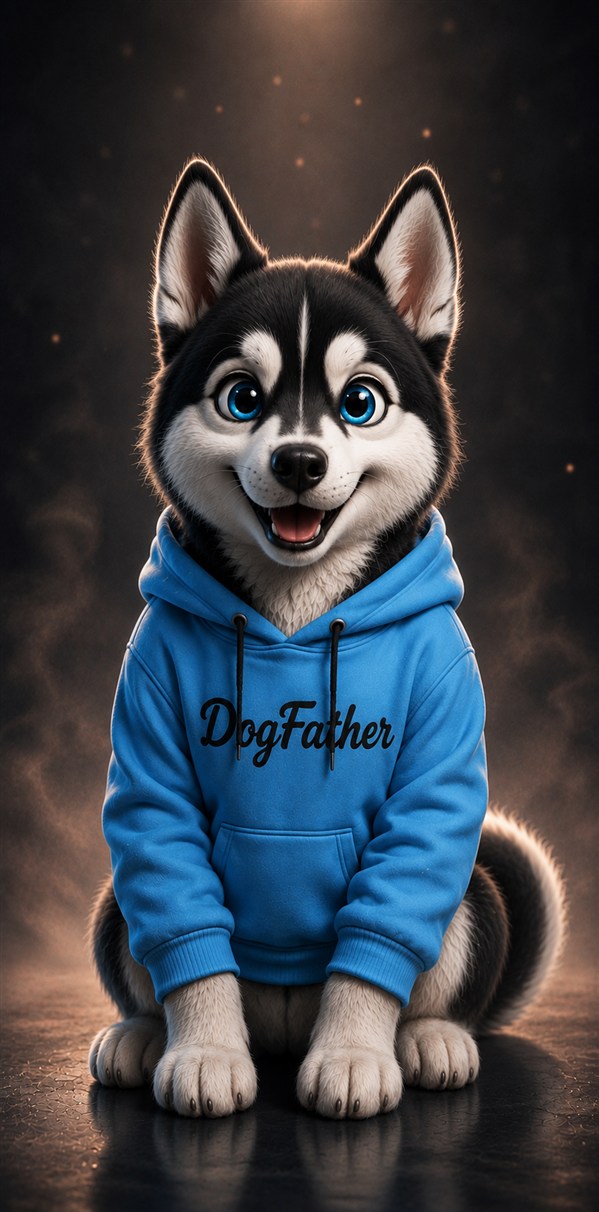 DogFather — Husky mit blauem Hoodie und Cap